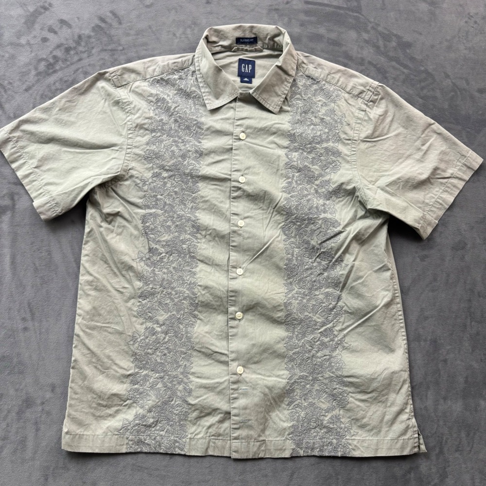 Gap Mens Classic Fit Short Sleeve Embroidered Guayabera Shirt Sage Green M